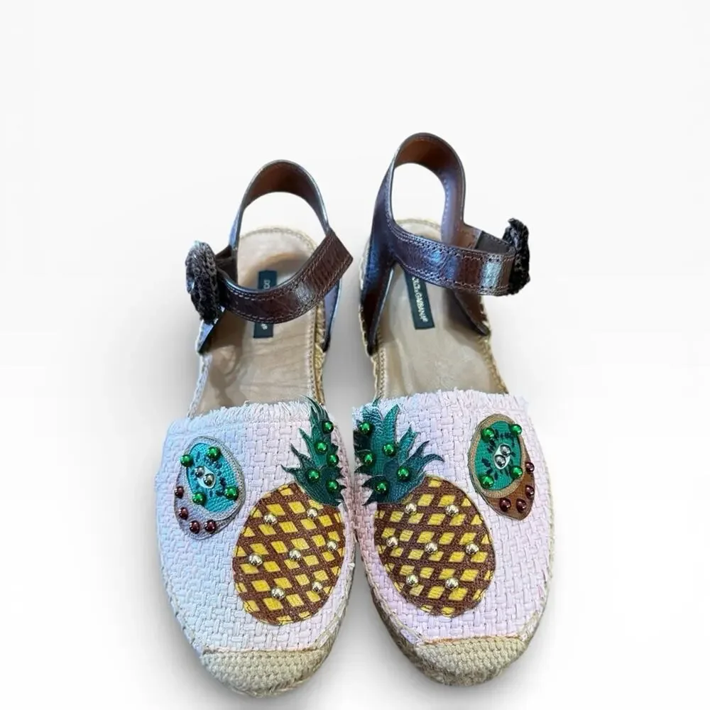Dolce & Gabbana Pineapple Kiwi Patch Raffia Espadrille Sandals EU 39 US 9